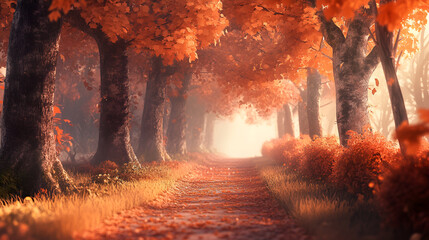 Autumn landscape with a path in the autumn park, 3d rendering, Beautiful autumn landscape with yellow and red trees in the park, autumn tree forest wallpaper