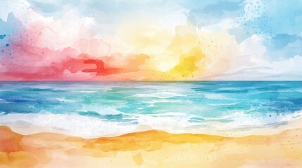 A vibrant watercolor painting of a serene beach at sunrise, with soft sand and gentle waves.
