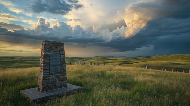 The landscape of Little Bighorn showcases a historic memorial against a backdrop of dramatic clouds and rolling hills, illuminated by the warm glow of sunset.