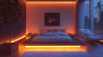 Modern bedroom with warm LED lighting and minimalistic decor.