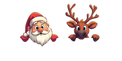 Merry Christmas Santa Claus and Reindeer peeking over banner