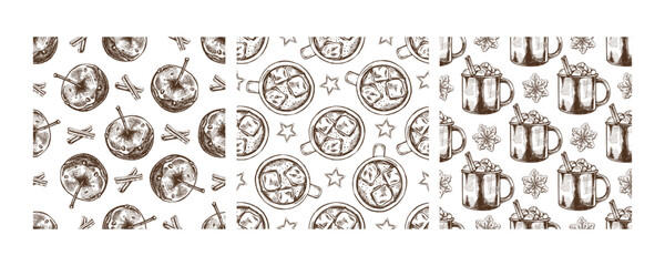 Christmas seamless pattern with candy apples, hot drinks, and cinnamon sticks