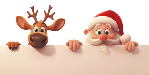 Naklejka premium Santa Claus Reindeer Peek Over Sign Christmas Characters 3D Render