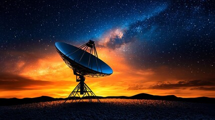 a photostock of a single satellite dish silhouette under a gradient night sky, space exploration 2025