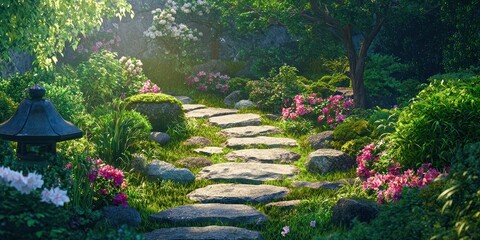 Obraz premium Path through a garden with a stone walkway and flowers