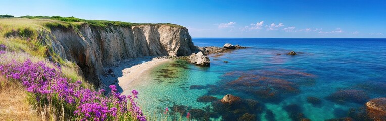 This captivating landscape features towering cliffs along the coastline, crystal-clear waters lapping at the shore, and colorful wildflowers in bloom at the water’s edge.