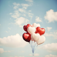 Fototapeta premium romantic white and red heart shaped balloons floating in the sky
