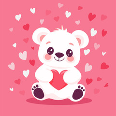 Cute Little Bear Holding a Heart, vector illustration, Valentines Day, lovely, hearts