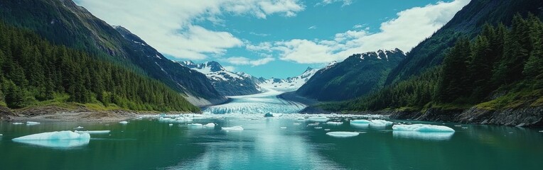 Towering peaks frame the breathtaking Mendenhall Glacier as icy blue water reflects the sky, with floating icebergs dotting the serene lake, inviting exploration and adventure.