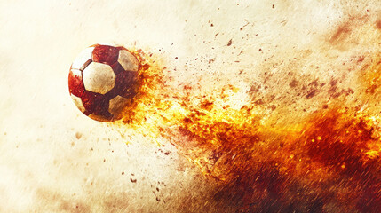 soccer ball flying with burning fire flame white background