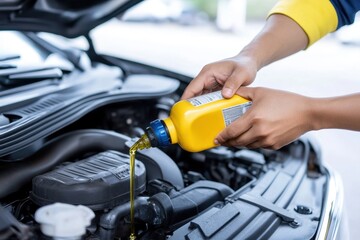 Close-up of hands pouring yellow engine oil into a car engine during routine maintenance, highlighting automotive care and efficiency.