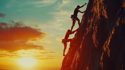 Silhouetted climbers ascending a steep rock face during a vibrant sunset.