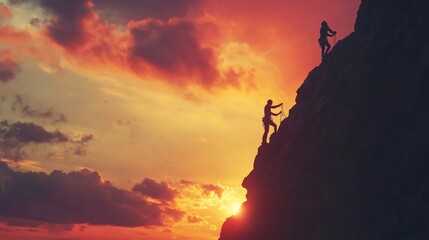 Obraz premium Silhouetted climbers ascending a steep rock face at sunset, showcasing teamwork and perseverance.