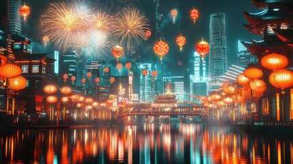 Vibrant Cityscape Illuminated by Fireworks at Night
