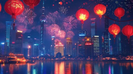 Vibrant Cityscape with Fireworks and Lanterns