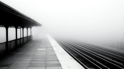 Fototapeta premium Misty Railway Platform in Monochrome Tones