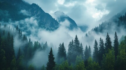 Low clouds drift through a majestic mountain landscape, enveloping towering peaks and lush green forests in a tranquil mist, creating an ethereal atmosphere at dawn.