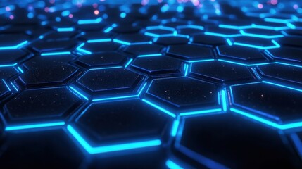 Obraz premium Futuristic hexagonal pattern illuminated with vibrant blue lights against a dark background.
