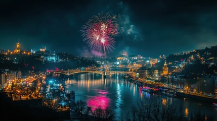 Riverside Cityscape with Glowing Fireworks