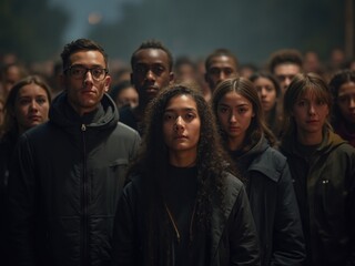 Fototapeta premium A Diverse Group of Young People Standing Together During a Nighttime Rally in an Urban Setting Showcasing Solidarity and Unity