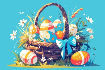 A wicker basket overflowing with colorful Easter eggs, surrounded by daisies and green grass