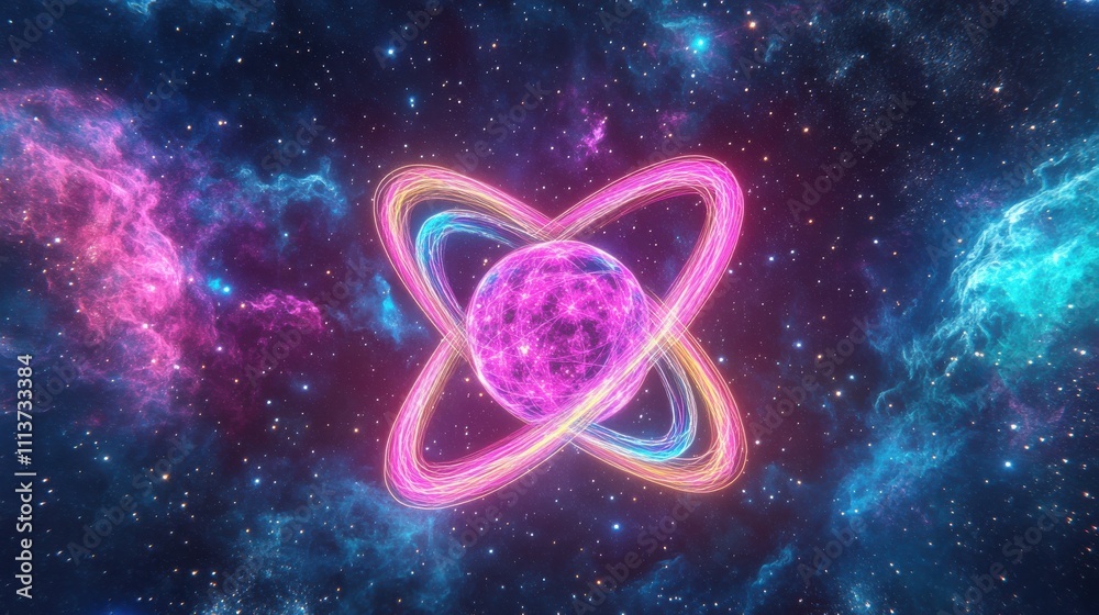 Fototapete a radiant atom appears suspended in a cosmic landscape, surrounded by colorful gases and starlight, 