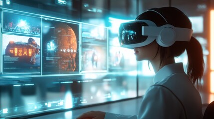 In a modern classroom, students utilize virtual reality technology while interacting with holographic displays. This innovative learning environment promotes engagement and collaboration.