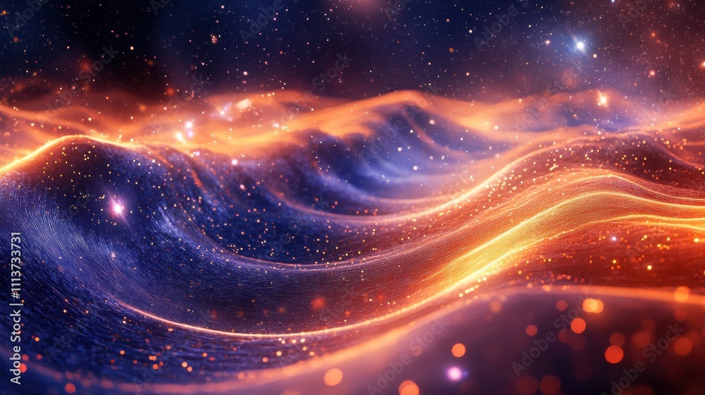 Poster The dynamic interaction of the Higgs field and cosmic particles, displaying rippling waves of energy and vibrant colors that evoke a sense of depth and motion.