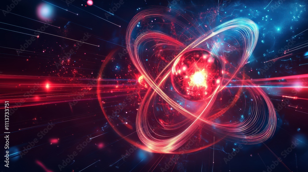 Poster A dynamic display of an electron navigating an intricate atomic framework, surrounded by luminous energy trails and radiant colors, depicting a vivid cosmic journey.