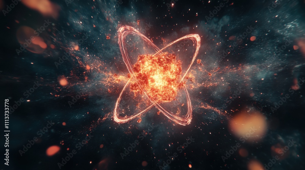 Poster this captivating view showcases an atom as it emits a brilliant glow and energetic particles against