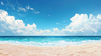A serene beach scene featuring soft waves, golden sand, and a brilliant blue sky with fluffy clouds.