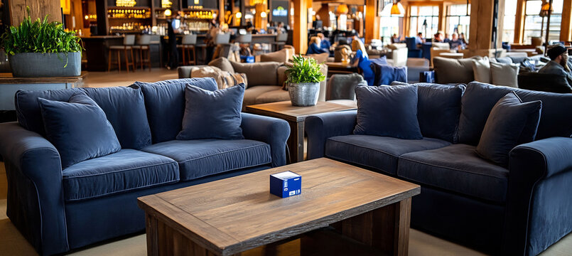 Cozy office lounge with plush couches low tables and plants adding a relaxing touch to the space where employees are chatting