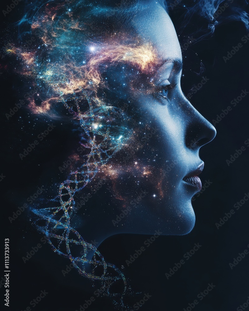 Poster this artwork depicts a scientist's profile blended with cosmic elements and dna strands, illustratin