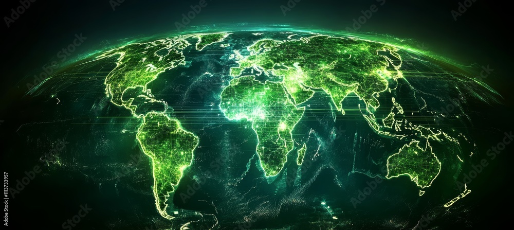 Aufkleber Glowing green earth map hacker virus attack. Global earth atlas. Generative AI technology.	
