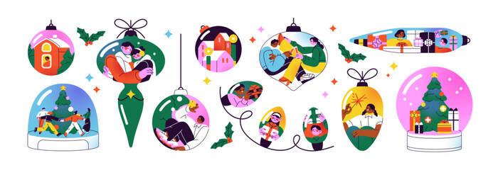 Set of Christmas ornaments. People, happy couples have fun inside Xmas balls, snow globe, decorations. Concept of New Year, winter holiday celebration. Flat isolated vector illustrations on white