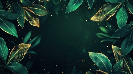 A dark abstract background with neon green and gold tropical leaves, glowing softly, set against a deep forest green backdrop with ample space for copy text.