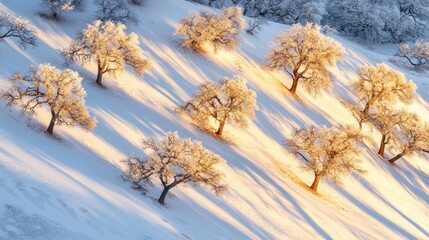 Frost Covered Trees Line Snowy Hillside At Sunrise