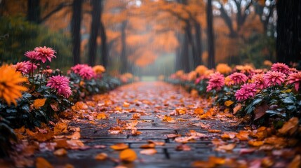 Autumn Pathway Garden with Colorful Flowers and Natural Scenery