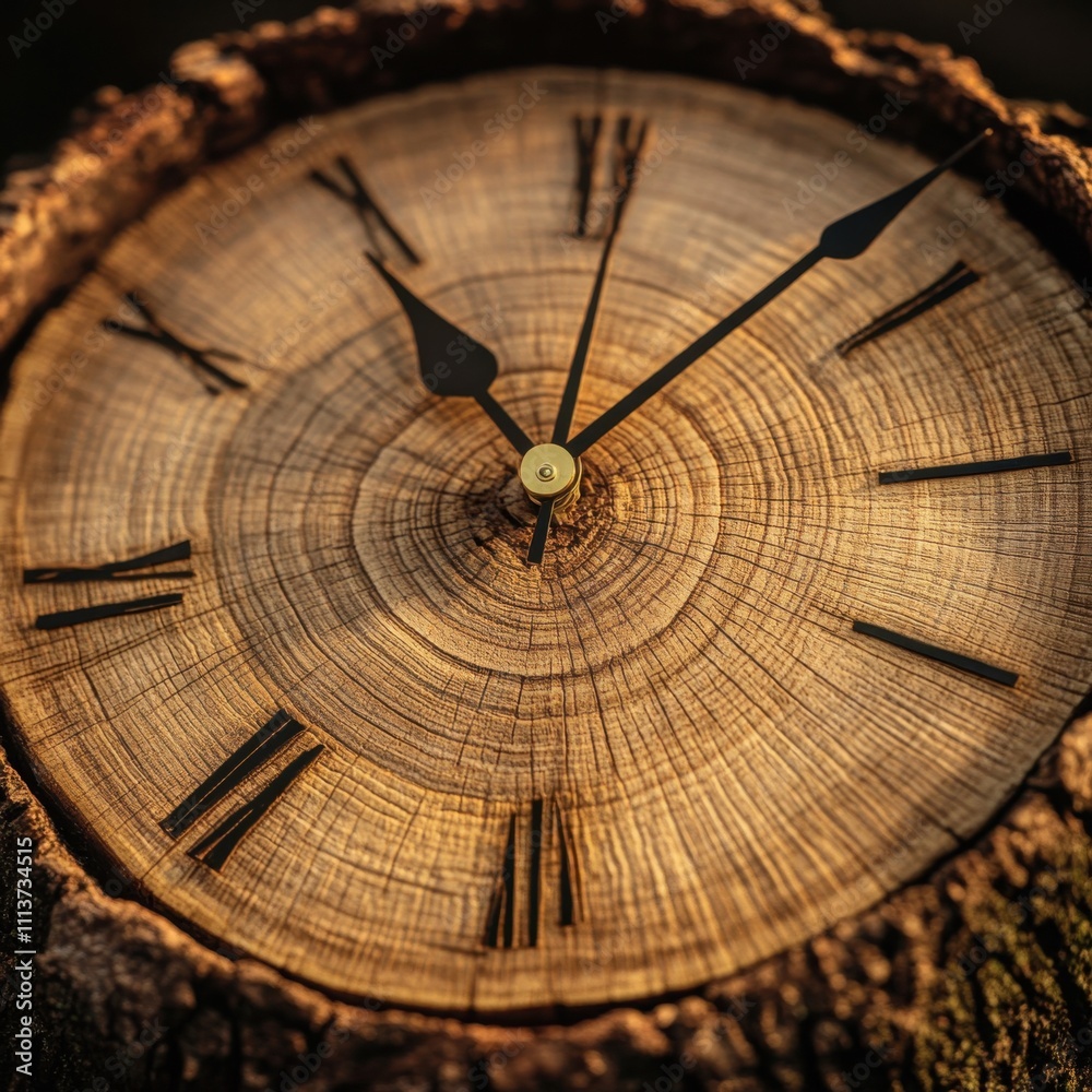 Poster the intricate rings of a tree reveal the years of growth, while clock hands rest on the surface, art