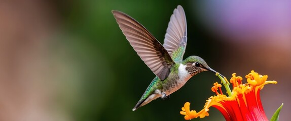 Fototapeta premium Closeup of a hummingbird midflight, feeding from a vibrant flower in nature