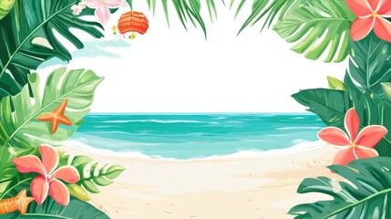 Naklejka premium A serene tropical beach scene framed by lush green leaves and vibrant flowers, evoking relaxation and tranquility.