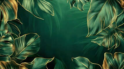 A luxurious green and gold abstract background with tropical foliage, leaves highlighted by neon outlines, creating a bold, elegant space with room for text.