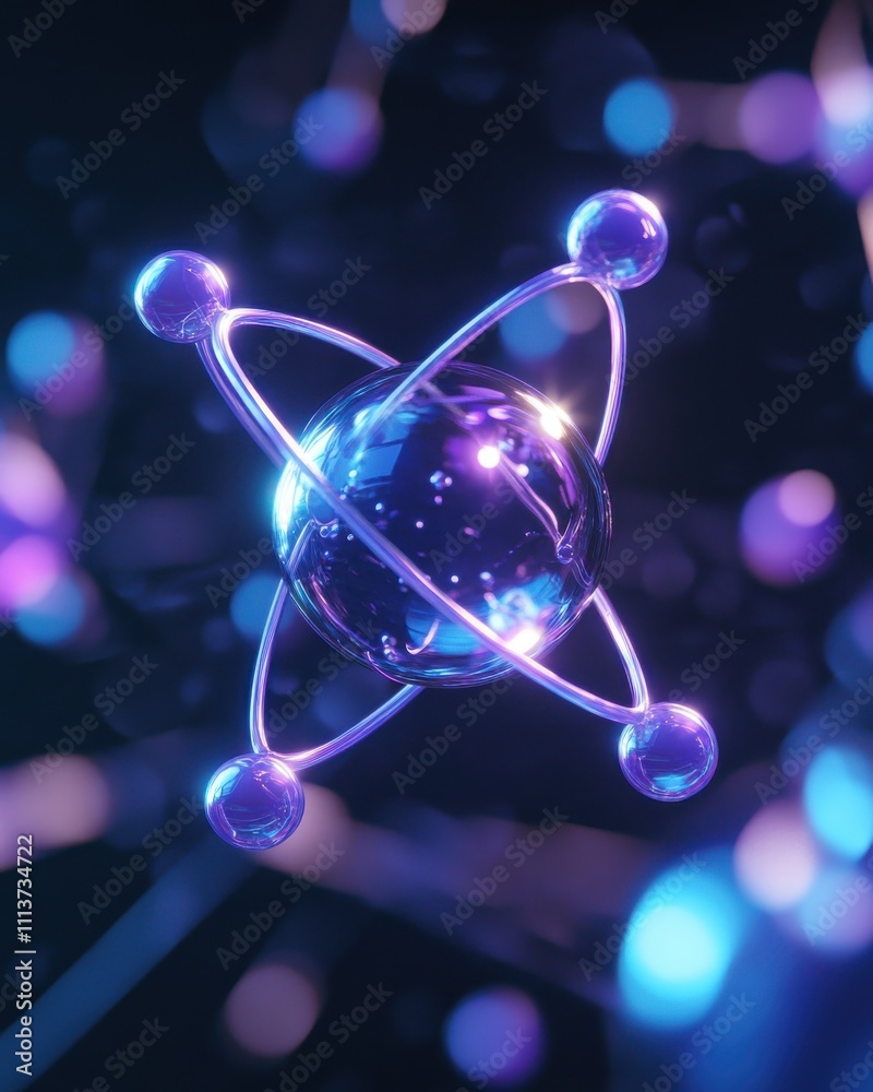 Poster this stunning close-up showcases a glowing atom with luminous electrons orbiting around a central nu