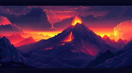 A stunning illustration of an erupting volcano at sunset, with vibrant colors illuminating the sky and flowing lava.