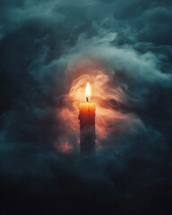 Fototapeta premium A flickering candle flame radiates warmth, intertwined with wisps of smoke that create an enchanting atmosphere in a dimly lit space, evoking a serene mood.
