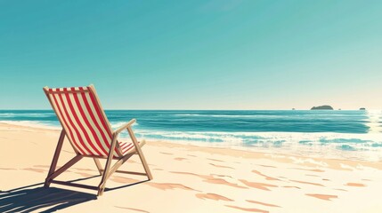 A serene beach scene featuring a striped deck chair overlooking calm blue waters.