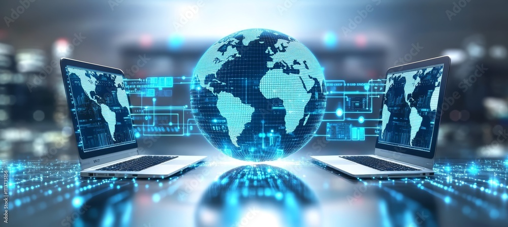Poster Digital earth globe hologram from laptop. Global internet network telecom and communication. Generative AI technology.