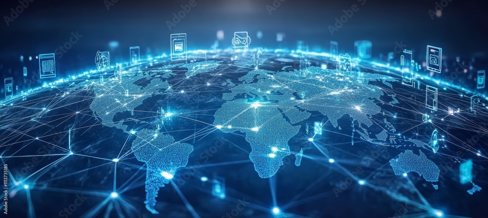 Fototapete Digital virtual world map. Global internet network telecom and communication. Generative AI technology.	
