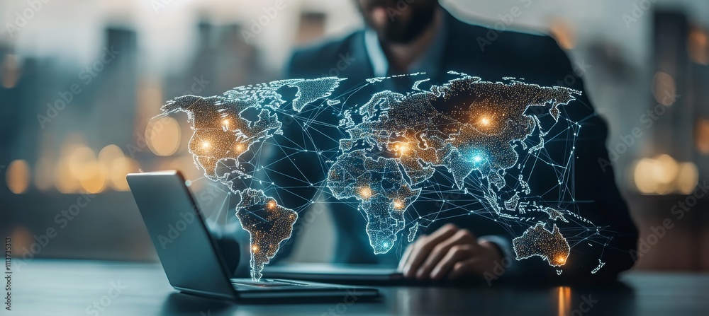 Poster Businessman and hologram digital world map. Global internet network telecom and communication. Generative AI technology.	
