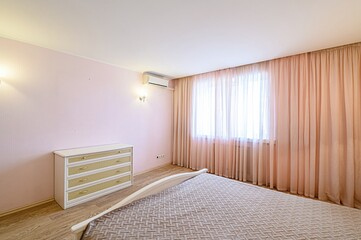 interior room apartment bedroom with bed, cozy place to sleep and relax